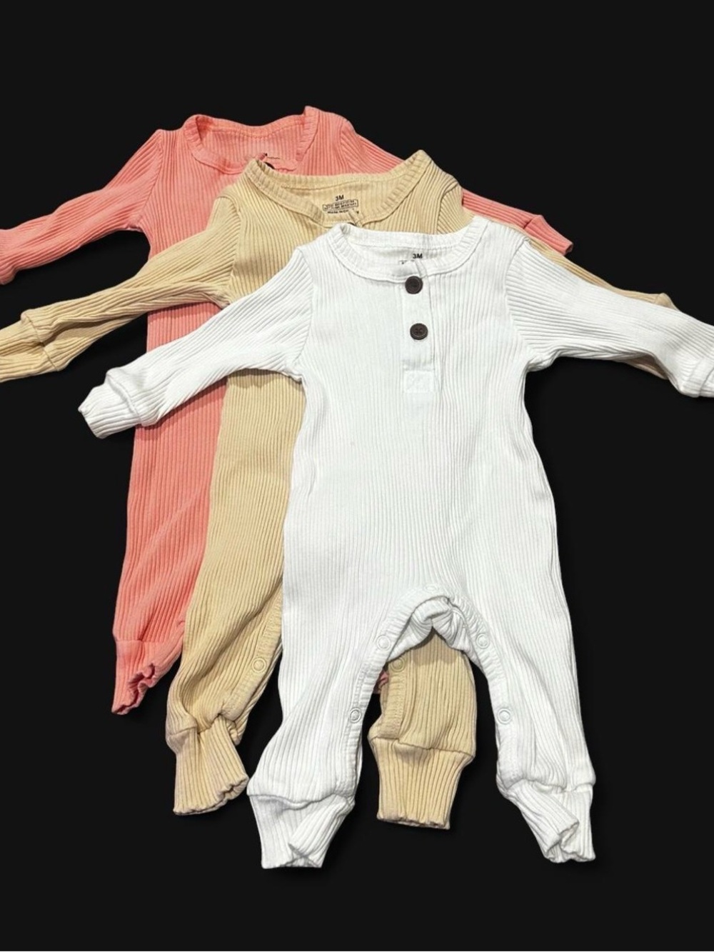 Ribbed Long-Sleeve Baby Footie in White, Cream & Coral